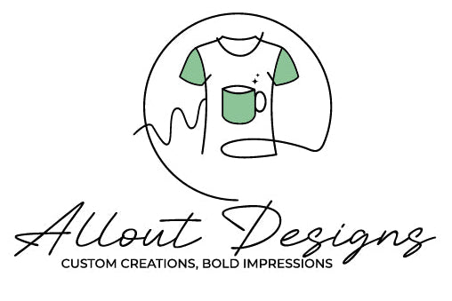 Logo for Allout Designs with a t-shirt graphic on a white background